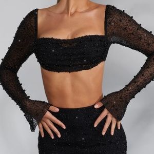 Oh Polly LA DÉSIRADE Embellished Cowl Neck crop top color black